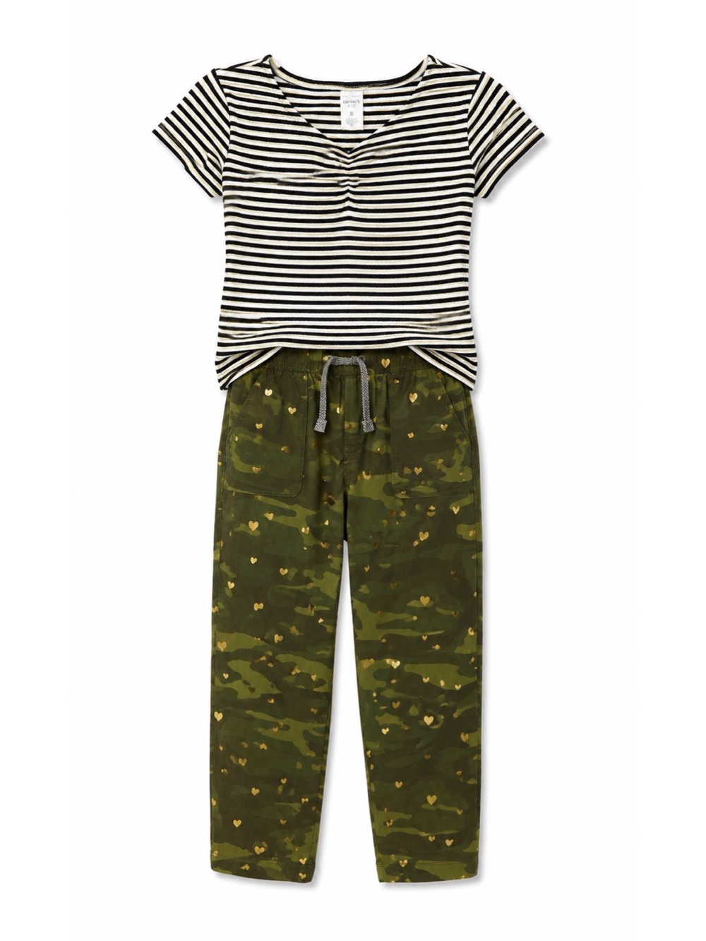 Carters Black & White Metallic Camo Heart Jogger & Stripe Top Set Girls Size 8